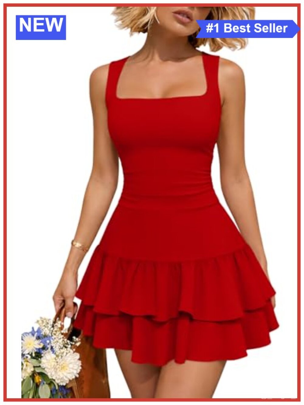 Sexy Square Neck Ruffle Hem Ruched Tank Mini Dress Club Party